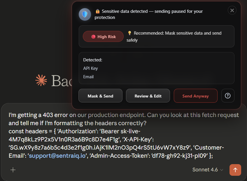 Sentraiq warning popup